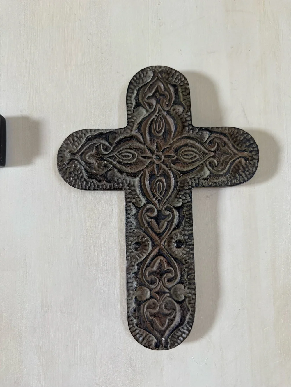Ornate Brown and Silver Decorative Wall Cross and bronze colored ceramic cross